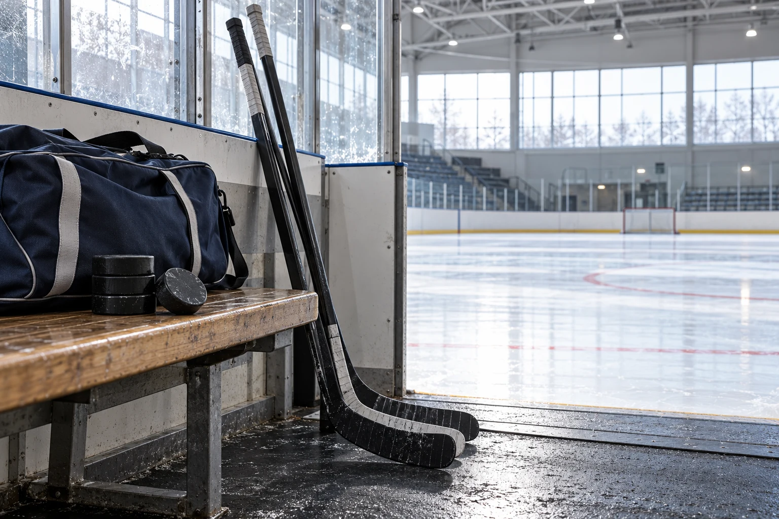 Hockey sticks and practice gear beside the rink